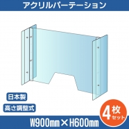 [4セット] 仕様改良 日本製 高透明アクリルパーテーション W900×H600mm 厚さ3mm 荷物渡し窓付き 高さ調節式 組立簡単 安定性アップ デスク用スクリーン 間仕切り板 衝立  npc-a9060-m4320-4set