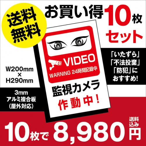 10枚セット 視線でドキ!W200xH290mm 防犯『監視カメラ作動中』 camera-10set