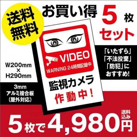 5枚セット 視線でドキ!W200xH290mm 防犯『監視カメラ作動中』 camera-5set