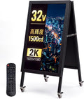 デジタルサイネージ 32V型 ブラック 【防水仕様 高輝度1500cd/m²】屋外対応 電子看板 フルHD 1920×1080 A型スタンド 折りたたみ キャスター付き 24時間連続稼働対応 リモコン操作 業務用 店舗用 広告モニター dsns-odz-e 1