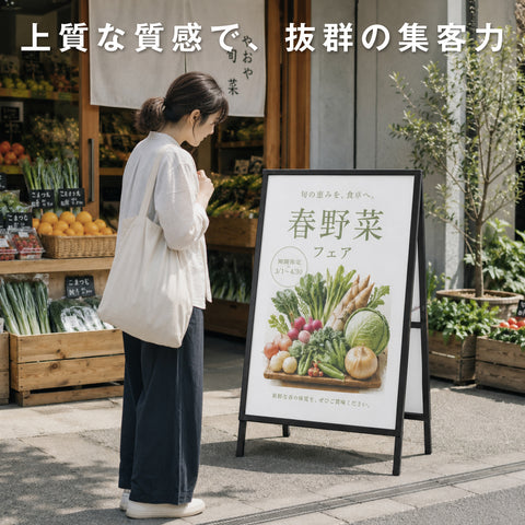 耐風性倍増 耐風性倍増 屋内用 折り畳み型 上部オープンタイプ ポスター差し替えアイアン製A型スタンド看板 A1サイズ両面 白黒選択 AFB-A1-D