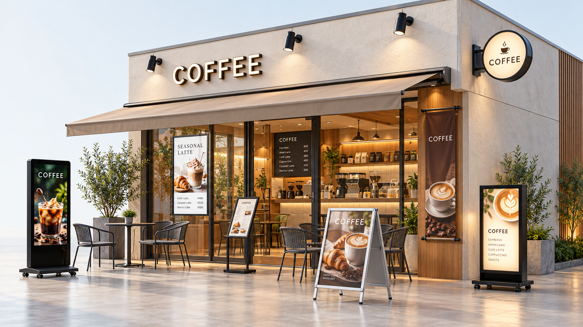 木と石の外装を使ったカフェの店頭。看板、照明、デジタルサイネージなどの設置イメージ。