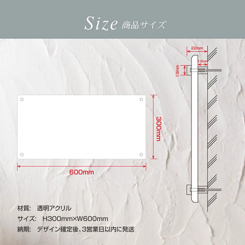 クリア銘板 H300×W600mm×t5mm 化粧ビス止め 透明サインプレート 会社・事務所・店舗用 看板 gs-pl-tomeicolor-600-300