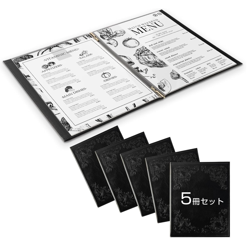 洋風メニューブック メニューブック A4 メニュークリップ 洋風 メニューカバー おしゃれ 飲食店 メニュー表 ファイルブック 業務用 高級 yyb-cp04-5set