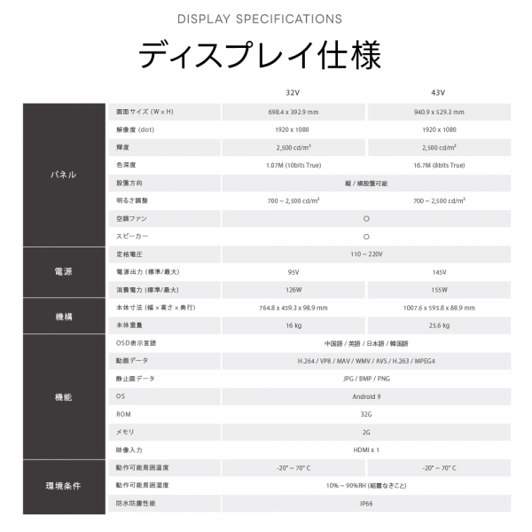 屋外仕様 2500輝度 デジタルサイネージ 32 43インチ 軽量 可動 電子看板 dsns-od-a
