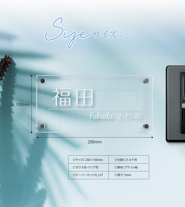 表札 約200×H100mm ガラス調 透明アクリル 彫刻 戸建て 玄関 gs-nmpl-1036