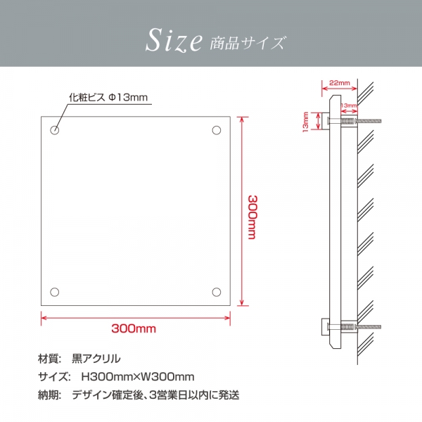 アクリル銘板【 化粧ビス止め 】H300×W300mm 完全データ入稿OK! 黒 gs-pl-blk-300-300