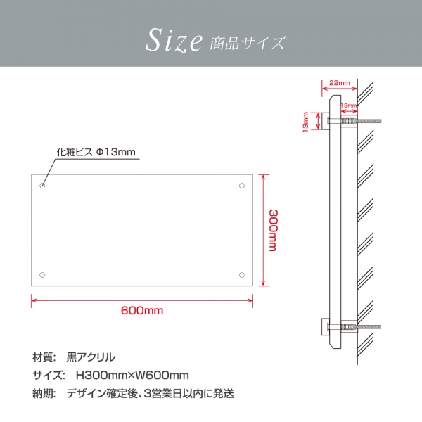 【化粧ビス止め 】H300×W600mm 完全データ入稿OK! 黒アクリル銘板 gs-pl-blk-600-300