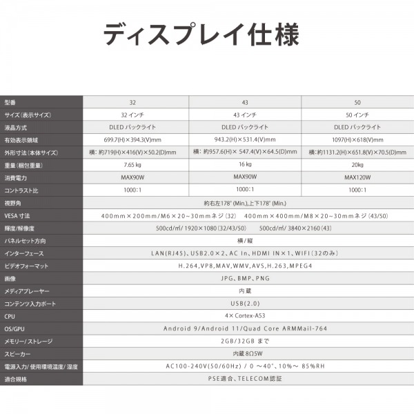 屋内仕様 デジタルサイネージ 324350インチ 垂直型スタンド 縦横自由 軽量 dsns-g